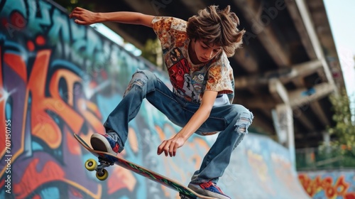 Energetic teenage skateboarder performing a trick in a vibrant urban park.