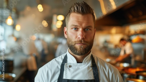 Focused male chef with blue eyes in a busy restaurant kitchen.