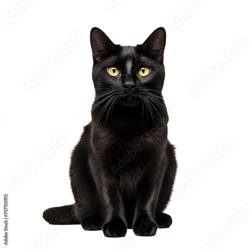 Black cat sitting isolated on white or transparent background