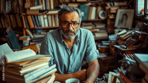 Thoughtful Middle Eastern writer surrounded by books and manuscripts in a cozy study.