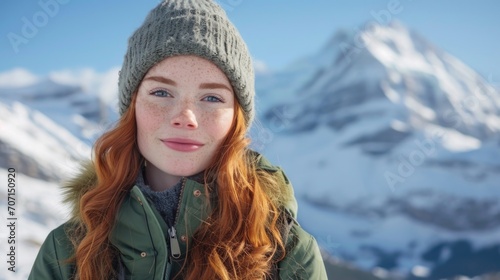 Adventurous young woman in hiking gear, with a stunning mountainous backdrop.