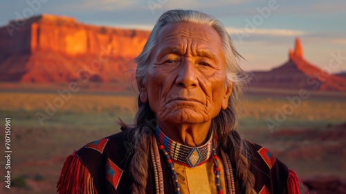 Elderly Indigenous American man in traditional attire, against a serene desert sunset.