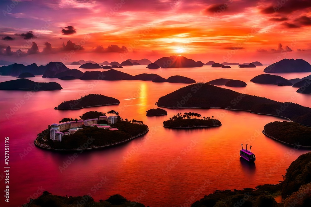 A breathtaking view from the world's longest cable car ride, showcasing an expansive island silhouette against a mesmerizing sunset sky, painted with hues of orange, pink, and purple.
