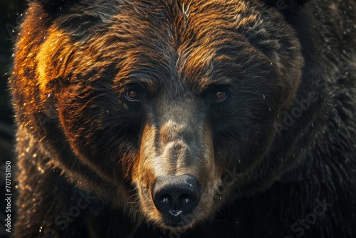 Intense bear: An imposing brown bear portrait with a piercing gaze that captures the majestic presence of this powerful creature.