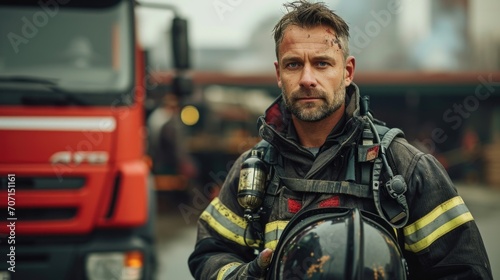 Brave firefighter in full gear, in front of a fire truck, portraying courage and readiness.