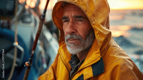 Seasoned fisherman at sea, capturing the essence of marine life and early morning fishing. photo