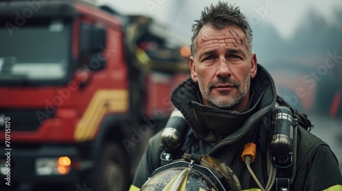 Brave firefighter in full gear, in front of a fire truck, portraying courage and readiness.