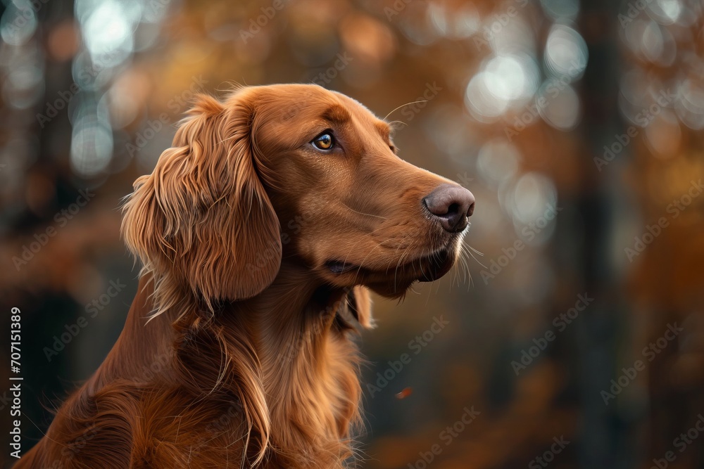 Golden retriever with a soulful gaze in autumn forest, its luxurious coat blending with the warm, russet tones of the foliage.

