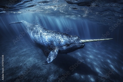 Majestic narwhal swimming in the Arctic Ocean with sunlight filtering through water.   © Kishore Newton