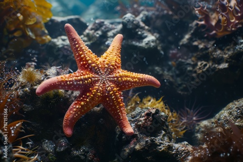Vibrant underwater shot of an orange starfish on coral reef, teeming with marine life.   © Kishore Newton