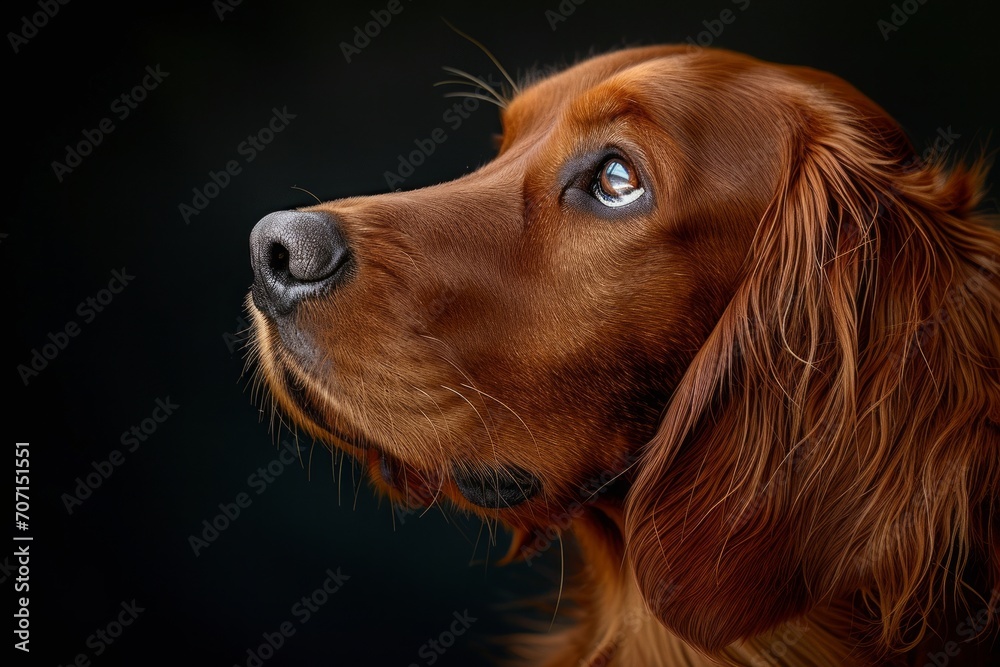 Elegant Irish Setter dog with glossy chestnut fur, looking up thoughtfully against a black backdrop

