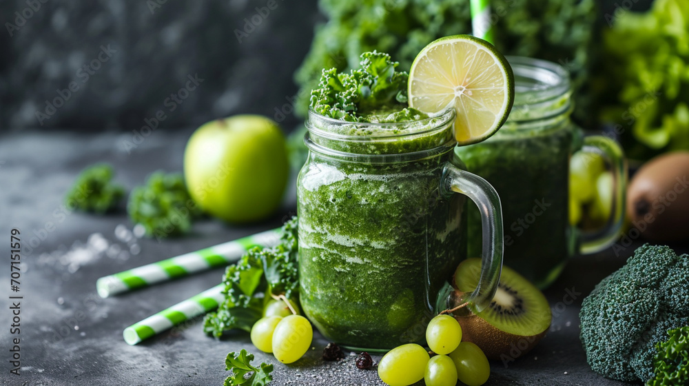 Mugs from glass jars with green health smoothie, lime, apple, kiwi, grapes, , avocado, salad Mugs from glass jars with green health smoothie, lime, apple, kiwi, grapes, , avocado, salad