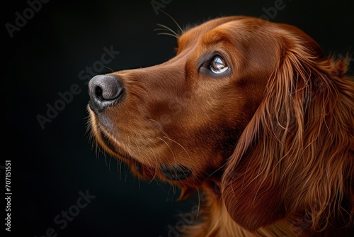 Elegant Irish Setter dog with glossy chestnut fur, looking up thoughtfully against a black backdrop

 photo