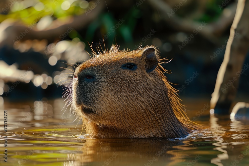 A capybara half-submerged in water, enjoying a serene moment in its natural river habitat.
A capybara half-submerged in water, enjoying a serene moment in its natural river habitat.