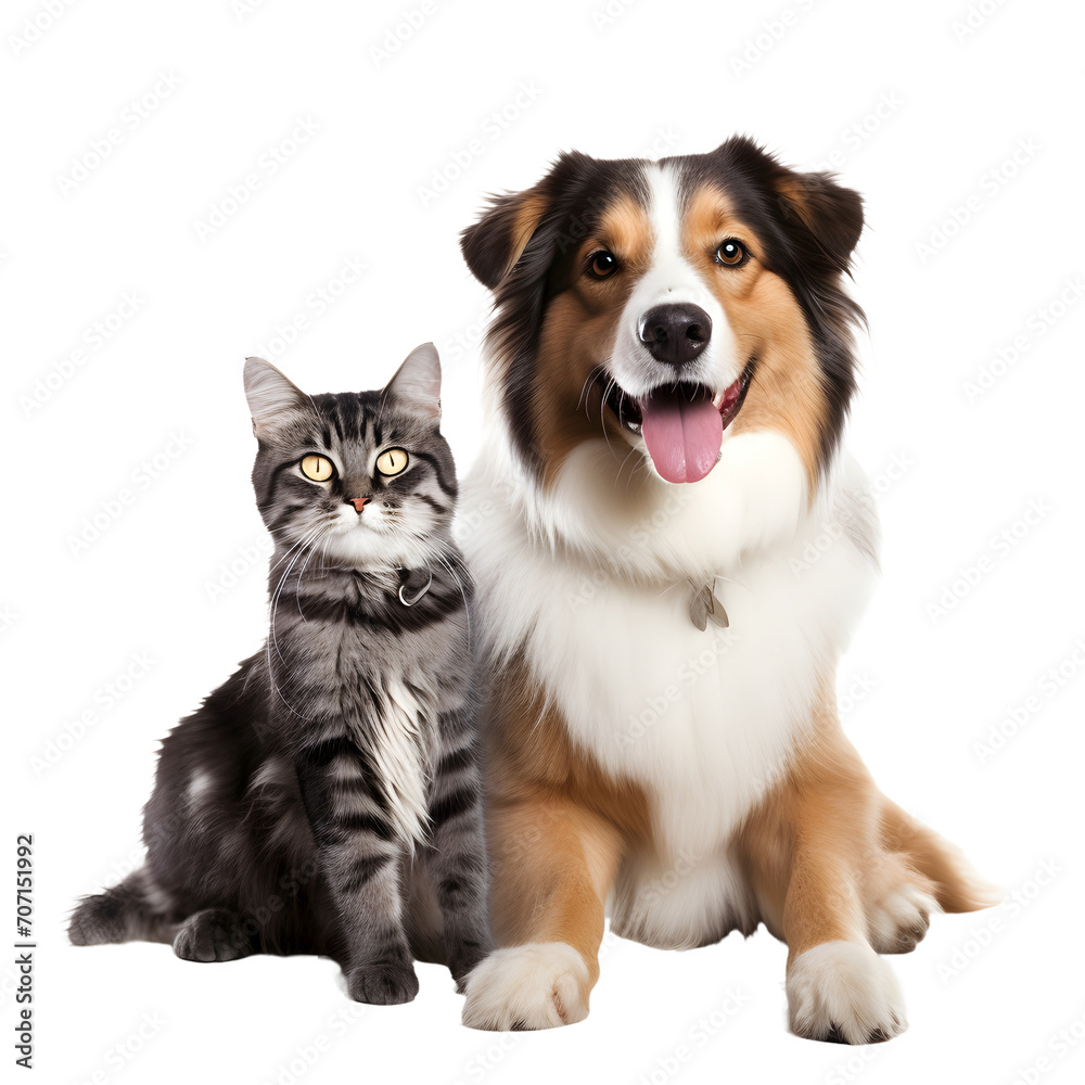 Happy dog and cat sit together isolated on white or transparent background