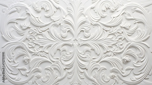 White background with floral ornament. relief made of gypsum. Decorative plaster on the wall.