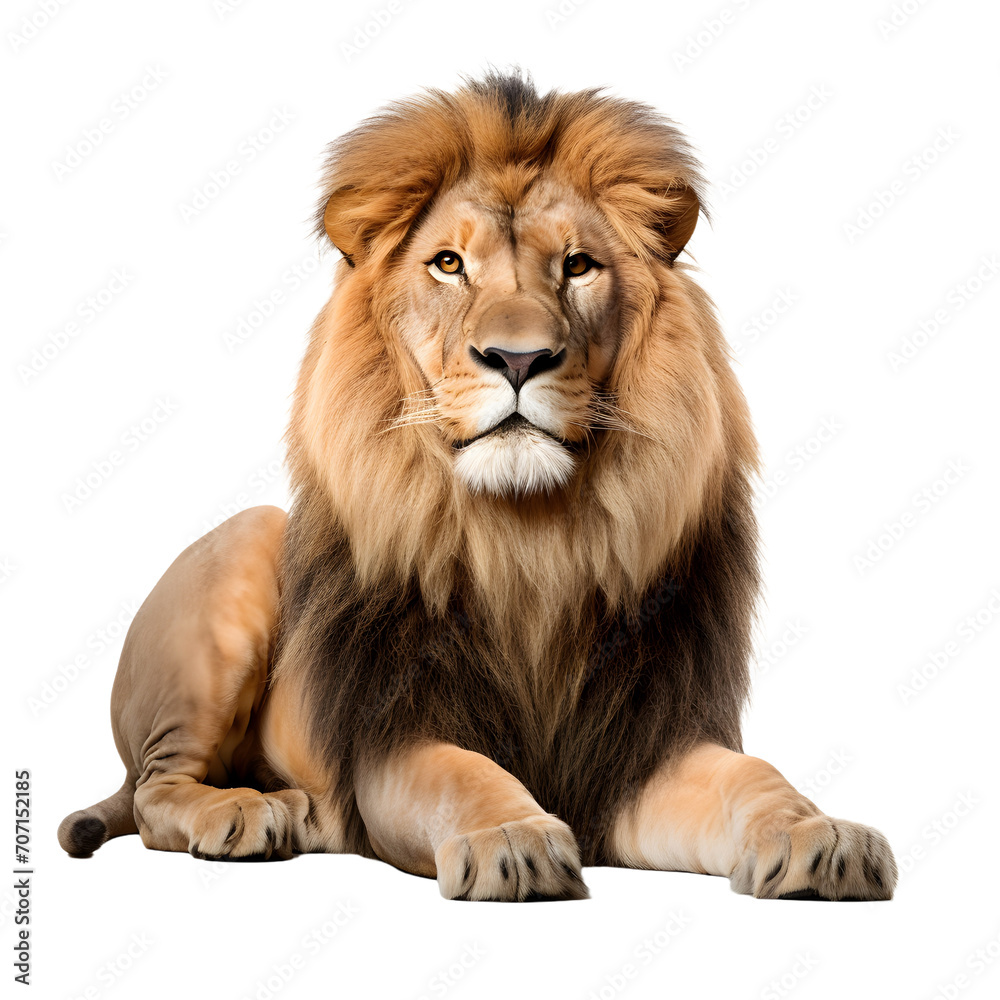 Majestic lion king sitting on isolated white or transparent background