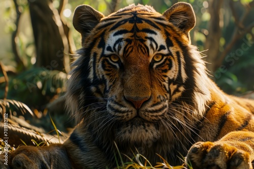 Tiger lounging in the forest, capturing its powerful gaze and relaxed posture amid the dense foliage.