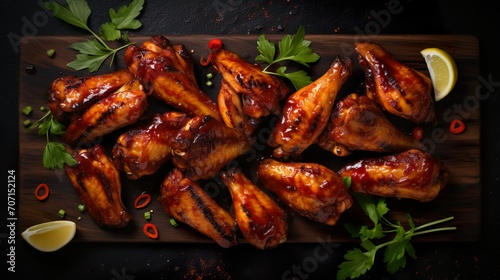 Top view of freshly grilled chicken wings with spicy sauce and herbs a on wooden board. Serving fancy food in a restaurant.