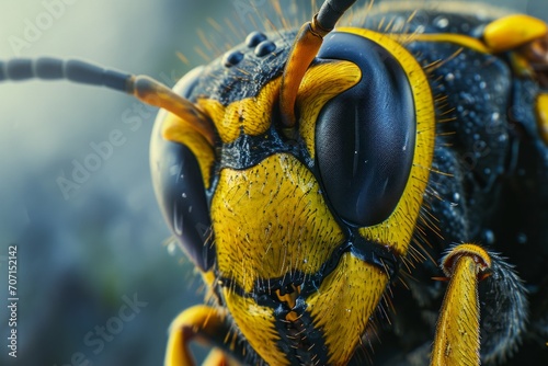 Extreme close-up of a bee with detailed texture on its eye, showing the intricate patterns and colors of its body.