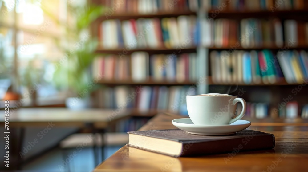 Books and cup of coffee on table in library
Books and cup of coffee on table in library
