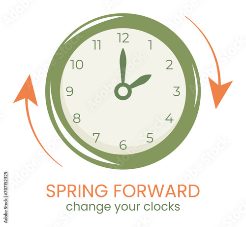 Daylight Saving Time poster. Spring forward it is time to change clock. Wall Clock going to summer. Web minimalist design