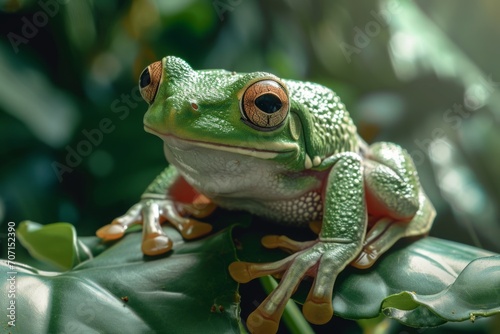 Vibrant green tree frog perched on leaf  its striking red eyes captivating  a stunning example of rainforest wildlife.  