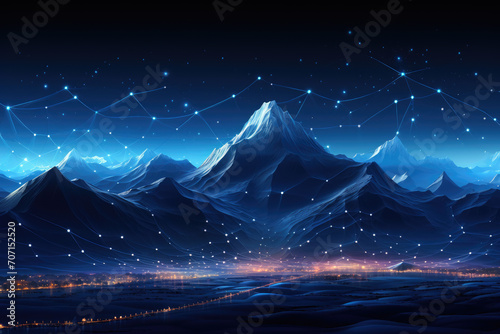 This technology background features an abstract mountain mesh, simulating terrain in a creative and innovative digital landscape illustration.