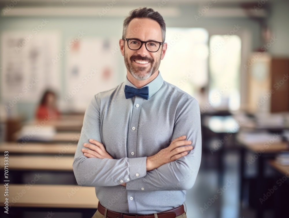 smiling male teacher standing in classroom with arms crossed. smiling male teacher standing in classroom with arms crossed.