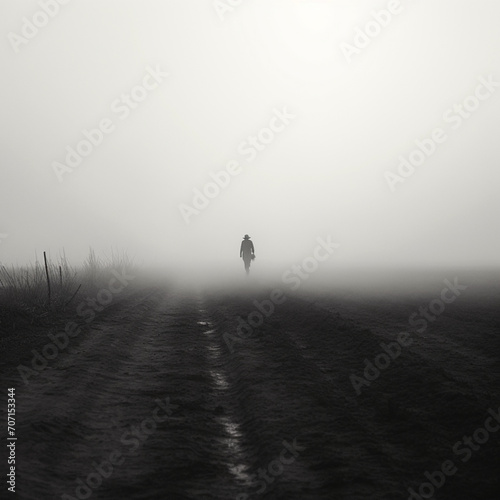 Fotografia en blanco y negro con detalle de persona caminando en solitario por una carretera con niebla