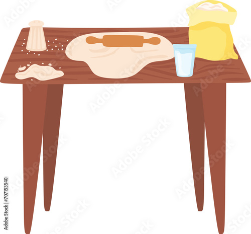 Wooden table with dough rolled out, rolling pin, flour bag, spilled salt, and glass of water. Home baking and cooking preparation vector illustration.