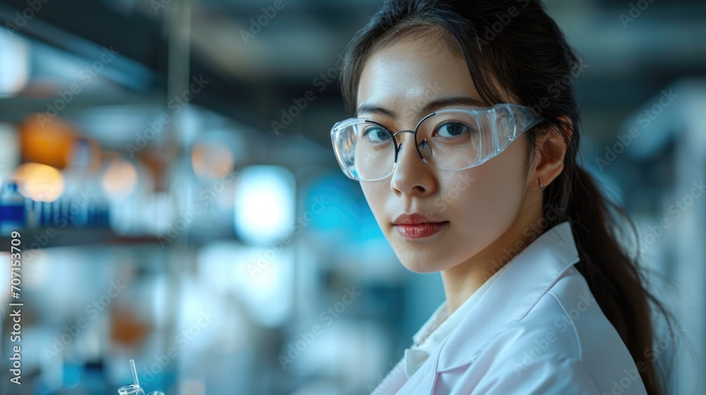 Focused female scientist in a lab, symbolizing research and scientific discovery.