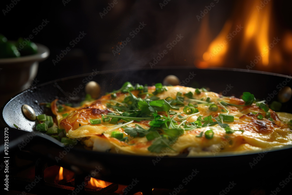 A warm, freshly cooked omelet in a pan set against a kitchen background, capturing the essence of a healthy and delicious homemade breakfast.