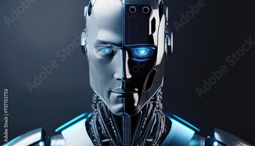 3D image of a full bodied or a man robot, half face of man half face of a robot, mechanical robot that looks like a man, wires of the robot, driving crane, dark, hyper realistic, super detailed, intri photo