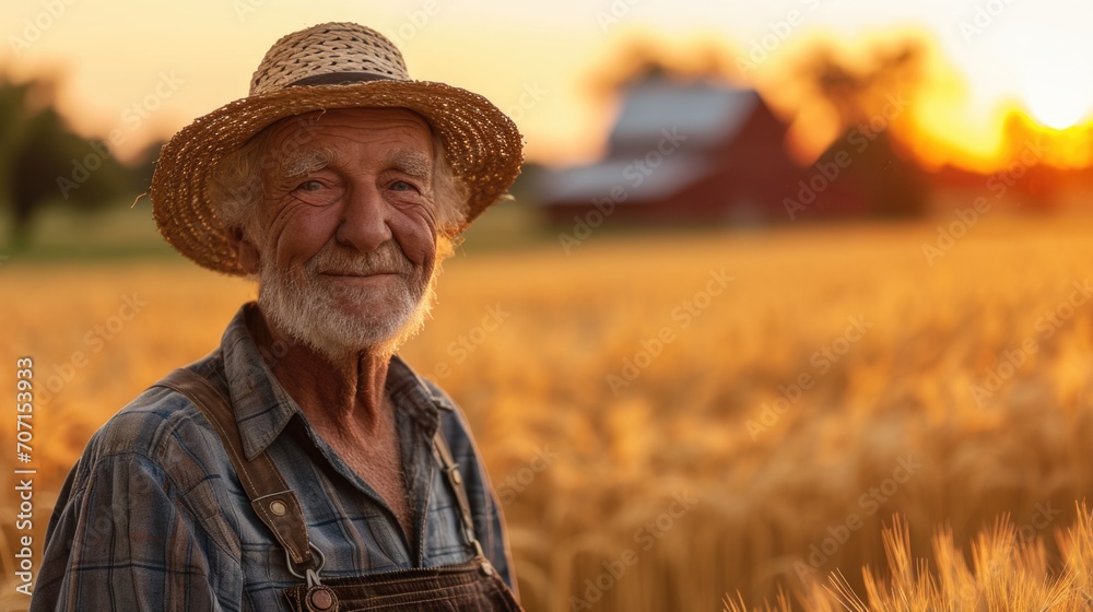 Fototapeta premium Elderly farmer in a wheat field at sunset, symbolizing traditional agriculture and rural life.