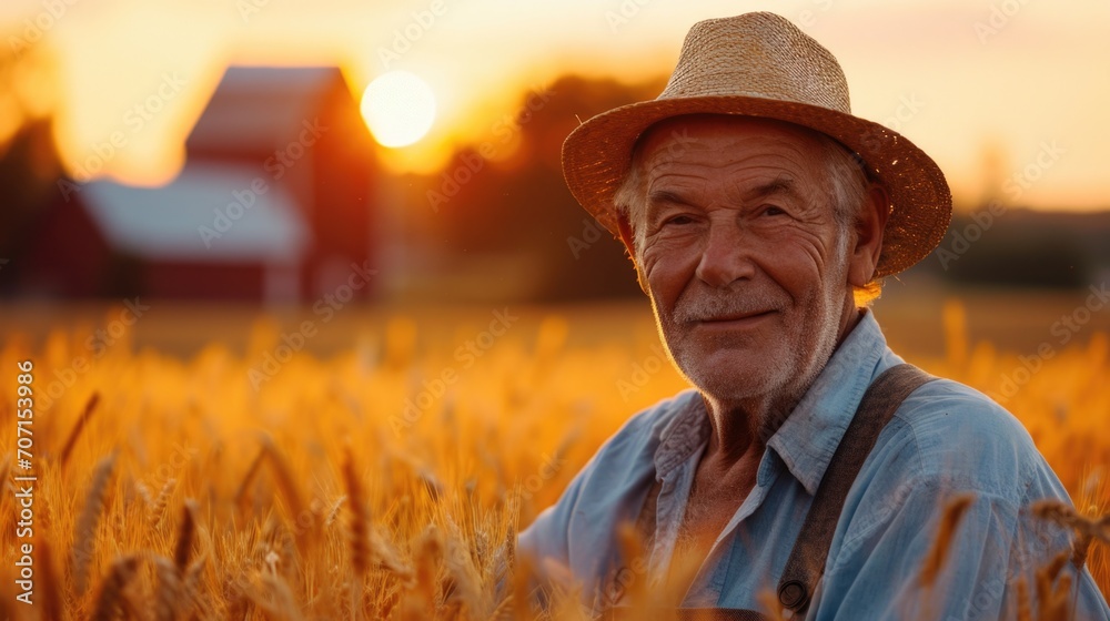 Elderly farmer in a wheat field at sunset, symbolizing traditional agriculture and rural life. Elderly farmer in a wheat field at sunset, symbolizing traditional agriculture and rural life.