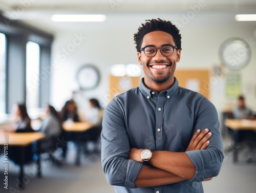 smiling teacher standing in classroom with arms crossed.