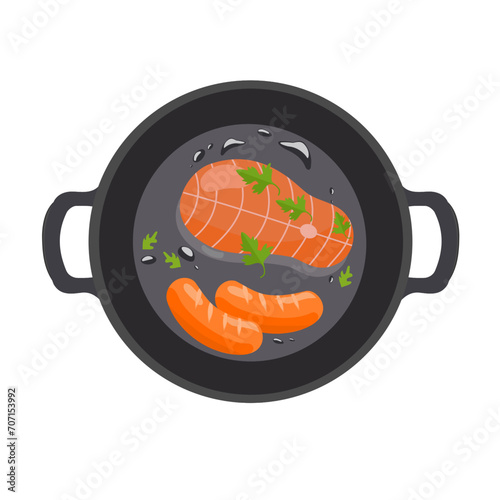 food in the pan with salmon, vegetables, sausages on white background. isolated, vector, illustration.