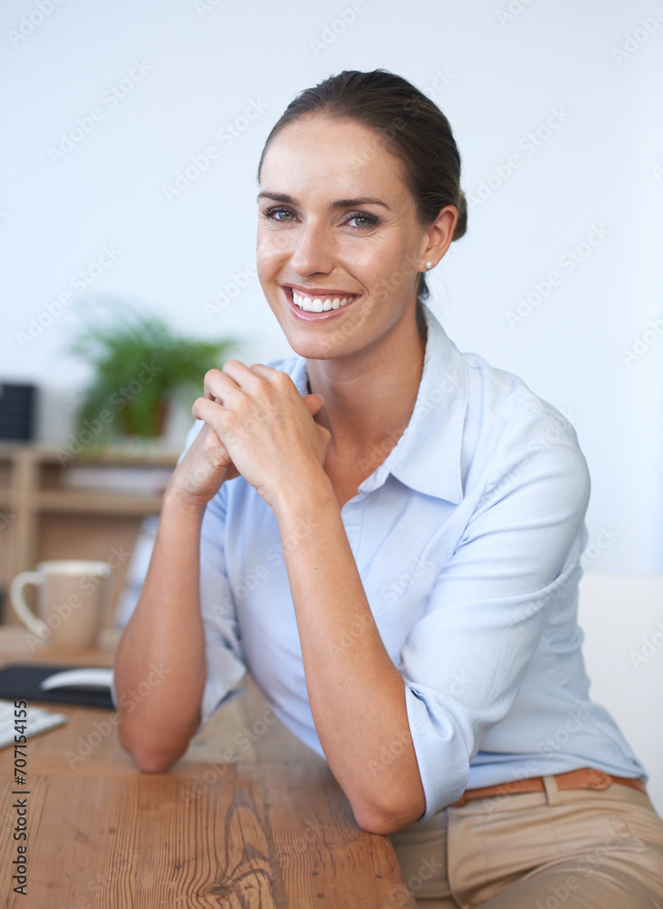 Portrait of happy businesswoman at desk with confidence, startup and administration career. Smile, pride and face of professional consulting agent at investment agency with growth, job or opportunity Portrait of happy businesswoman at desk with confidence, startup and administration career. Smile, pride and face of professional consulting agent at investment agency with growth, job or opportunity