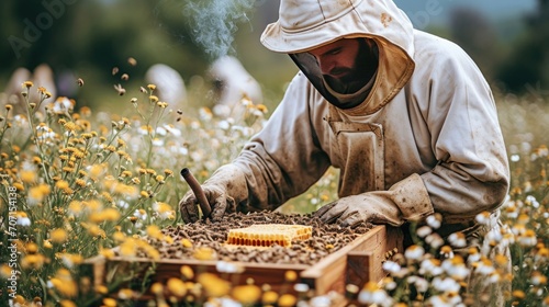 Beekeeper inspecting honeycomb in a field, highlighting sustainable beekeeping practices. photo