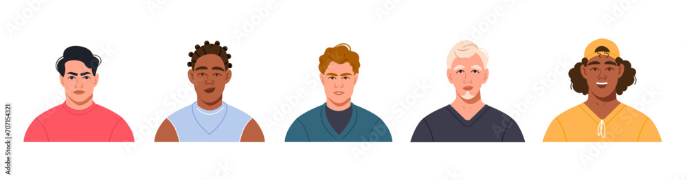 A set of portraits of modern multicultural multinational men with different hairstyles. Avatars of young men of different races. Bright vector illustration in a flat style A set of portraits of modern multicultural multinational men with different hairstyles. Avatars of young men of different races. Bright vector illustration in a flat style