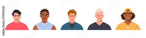 A set of portraits of modern multicultural multinational men with different hairstyles. Avatars of young men of different races. Bright vector illustration in a flat style