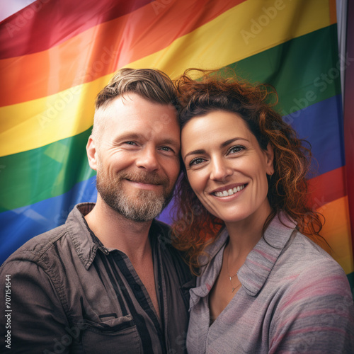 Fotografia con detalle de hombre y mujer sonrientes, con bandera arcoiris de fondo photo