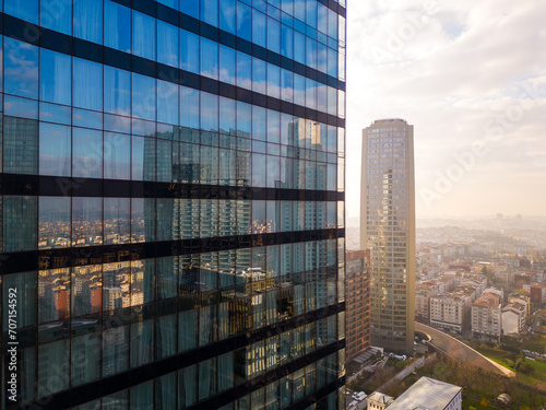 Istanbul s glass and concrete skyscrapers  home to offices  hotels  and residential complexes. Aerial drone view