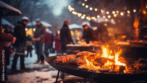 Barbecue party outdoors in winter