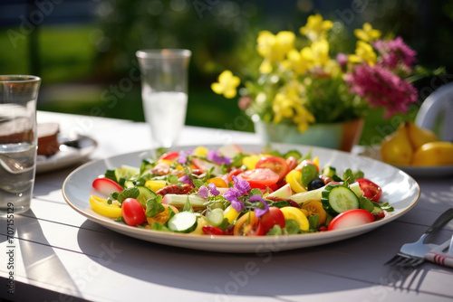 Delicious healthy food with fresh salad, fruits and vegetables, served on the table in the garden 