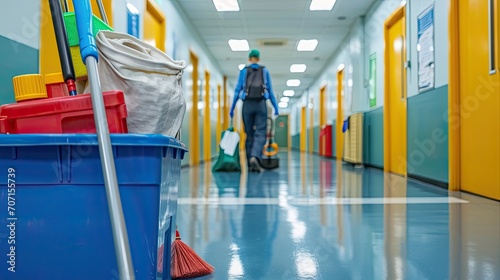 Professional Janitorial Staff Cleaning and Maintaining Public Corridor. photo