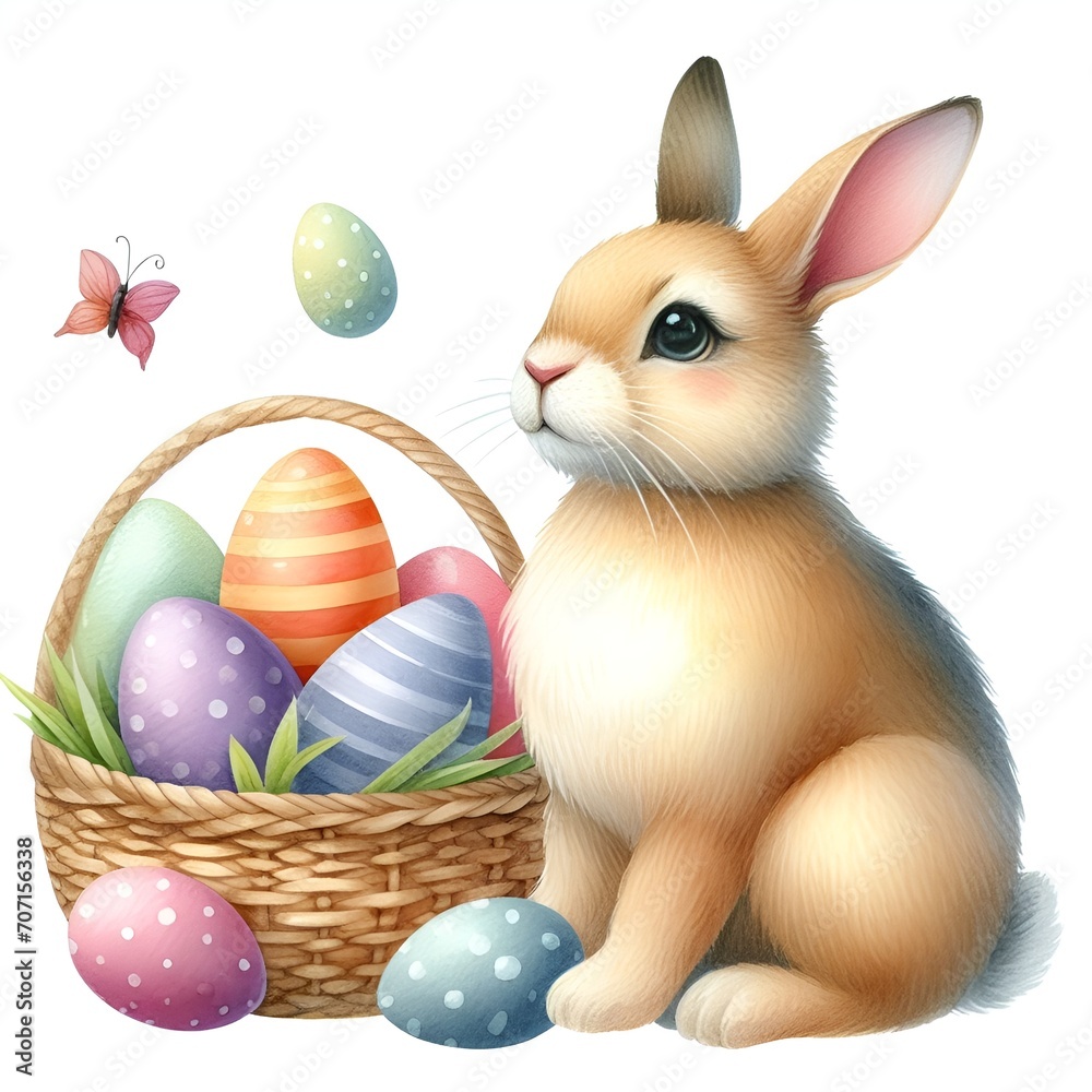 Happy Easter hare bunny with colorful eggs watercolor paint for holiday card