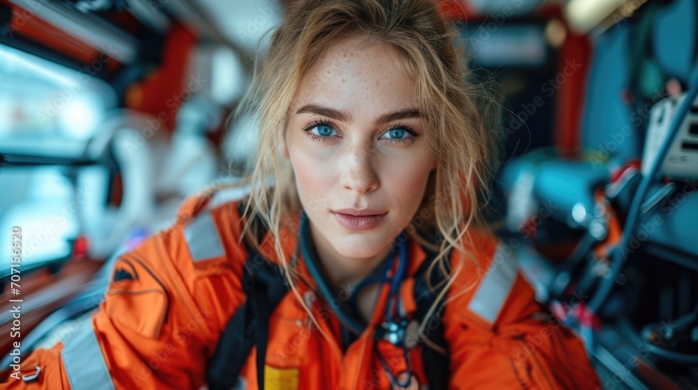 Focused female EMT providing care in an ambulance, illustrating emergency medical response. Focused female EMT providing care in an ambulance, illustrating emergency medical response.