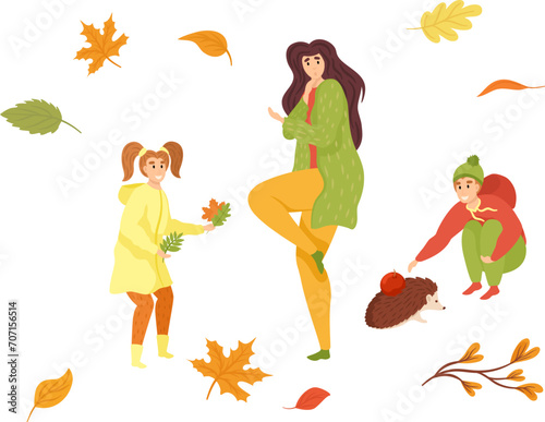 Autumn season activities with mother, daughter and toddler playing with leaves and hedgehog, family enjoying fall. Happy family time and autumn joy vector illustration.